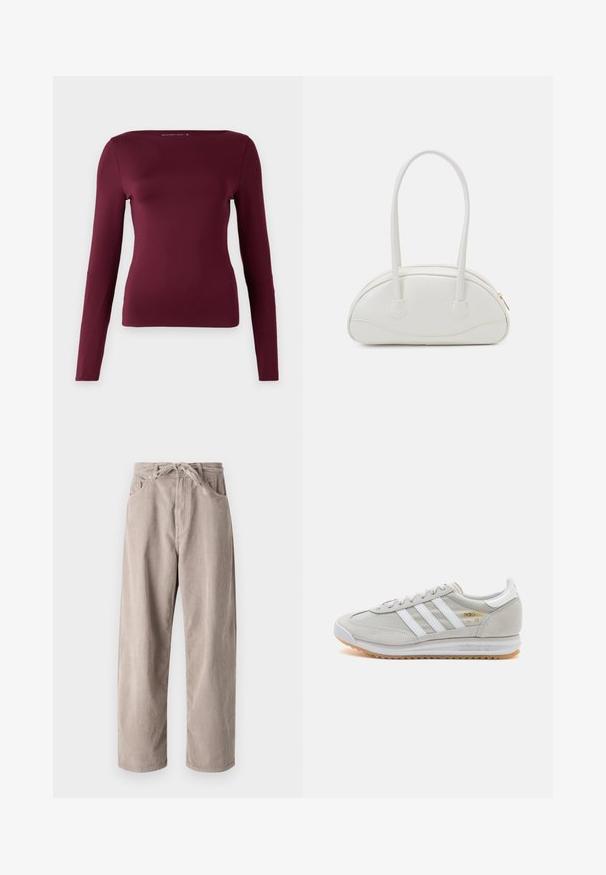 Langärmliges Oberteil in tiefburgunder, aus weichem, dehnbarem Material gefertigt. Verfügt über einen quadratischen Ausschnitt und eine figurbetonte Passform, ohne sichtbare Muster oder Hardware.; Beige Cordhosen mit lockerer Passform, ausgestattet mit einem Kordelzugbund, zwei Fronttaschen und vertikal geripptem Muster.; Hellgraue Sneaker aus Wildleder und Mesh, mit drei weißen Streifen, runder Zehenpartie und einer Sohle aus Gummi. Goldenes Logo-Detail nahe der Schnürsenkel.; Even&Odd Handtasche - off-white; Silberne Creolen mit minimalistischem Design. Rundform, glatte Oberfläche und dünnes Profil. Leichtgewichtig mit hochglänzender Oberfläche.