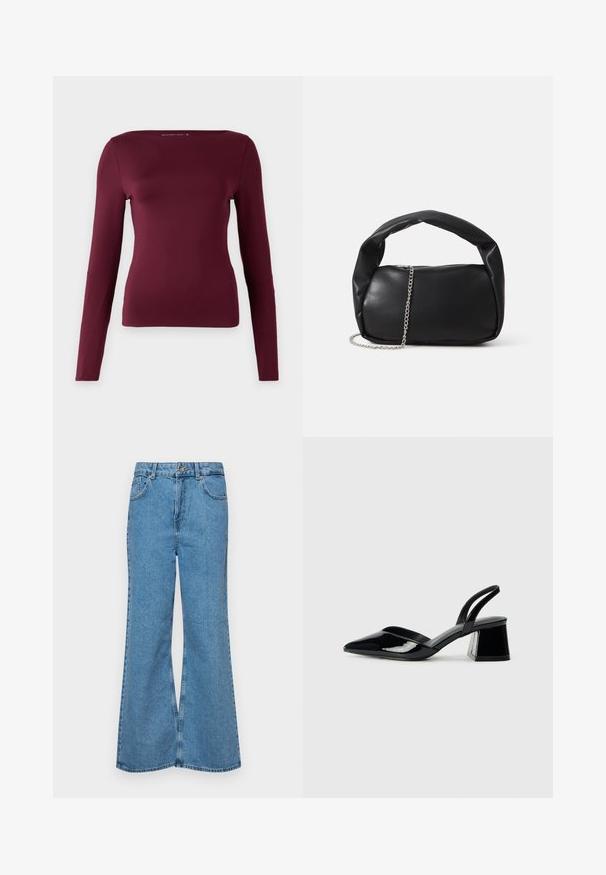 Pika-sleeve plušline sügises burgundia, valmistatud pehmest ja venivast materjalist. Omab ruudukujulist kaela ja kinnist disaini, nähtavaid mustreid ega tarvikud ei ole.; Heledad sinine flared teksade rõivad, millel on kõrge talje, viis taskut ja üks nupulukk. Pehme tekstuur ja pleekinud viimistlus.; Mustad musta lakknahk kingad, millel on terav varvas ja geomeetriline plokkkonts. Omab elegantselt minimalistlikku disaini ja sujuvat tekstuuri.; Must must suvekott ümmarguse kujuga, paksu käepideme ja hõbedase kettiga rihmaga. Silmapaistev tekstuur kerge läikega.