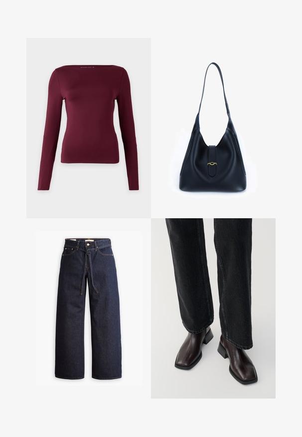 Pika-sleeve plušline sügises burgundia, valmistatud pehmest ja venivast materjalist. Omab ruudukujulist kaela ja kinnist disaini, nähtavaid mustreid ega tarvikud ei ole.; Laiad joped tumeda sinise denimi ja kõrge taljega, millel on paela kinni tõmbamise võimalus, viis taskut ja kontrastsete õmblustega detailid.; Pruunid nahast pahkluu saapad, millel on ruudukujuline varvas ja plokk-kand, koos mustade laiade pükstega. Sile tekstuur ja minimalistlik disain.; Must mustrist must alune, leeval ja pehme disainiga. Omab lamedat rihma ja keskel asuvat sulgemist, millel on kuldne aksent.