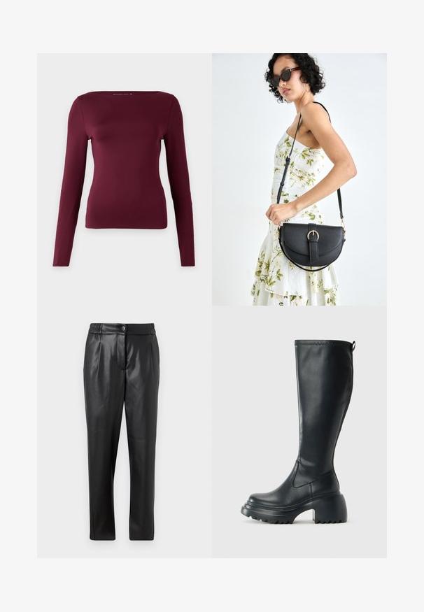 Top à manches longues en bordeaux profond, fabriqué à partir d'un matériau doux et extensible. Présente une encolure carrée et une coupe ajustée, sans motifs ni éléments métalliques visibles.; Pantalons en cuir noir avec une texture lisse, coupe droite, taille élastique et fermeture à bouton à l'avant ; détails plissés et jambes fuselées.; Botte en cuir noir haute avec semelle plateforme épaisse et talon carré, dotée d'une languette et d'un motif texturé sur la semelle extérieure.; Sac à main en cuir noir avec une forme courbée, bandoulière amovible et des accessoires en or. Le sac est doté d'un rabat avec un détail de boucle.