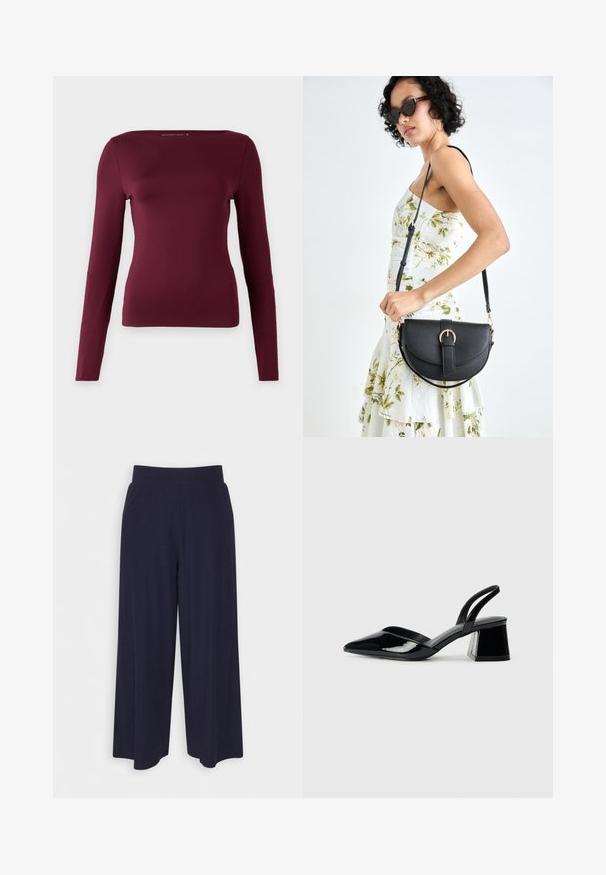 Hosszú ujjú felső mély bordó színben, puha, rugalmas anyagból készült. Négyzet alakú nyakkivágással és testhez simuló fazonnal rendelkezik, látható minták vagy fémrészek nélkül.; Sötét kék anyagból készült, széles lábú nadrág, bordás textúrával. Simább derékrésszel és laza szabással rendelkezik, a vádli közepéig ér.; Fekete lakk bőr szandálkés magas sarkú cipő, hegyes orral és geometrikus tömbsarkakkal. Karcsú, minimalista dizájn és sima textúra jellemzi.; Fekete bőrtáska ívelt formával, levehető pánttal és arany színű fémrészekkel. A táskán egy csattal díszített fedél található.