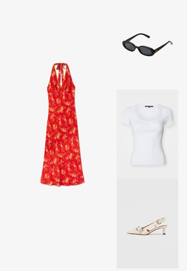 Haut à manches courtes côtelé blanc avec un corsage ajusté, présentant une encolure carrée et une texture subtile. Des coutures fines accentuent le design.; Robe d'été florale rouge avec un design à col halter, dotée d'un corsage ajusté et d'une jupe fluide, fabriquée en tissu léger avec une texture lisse.; Escarpin en cuir blanc à bout pointu, petit talon et bride réglable avec un détail de boucle en argent bien en vue.; Lunettes de soleil noires surdimensionnées avec des verres ovoïdes, monture en plastique lisse et accents dorés sur les tempes. Les verres sombres offrent une protection contre le soleil.; Maje MISS MINI - Sac bandoulière - noir; Collier en chaîne en or présentant des gemmes alternées en vert clair, rose et clair. Chaque gemme est montée dans un serti circulaire.