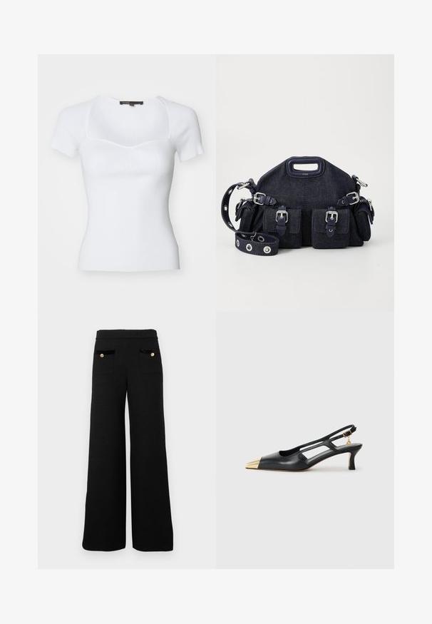 Fehér bordázott, rövid ujjú felső, testhez simuló fazonnal, négyzet alakú dekoltázzsal és finom textúrával. Vékony varrások hangsúlyozzák a dizájnt.; Fekete, bő szárú nadrág texturált anyagból, amely két elülső zsebbel rendelkezik fekete bársonyos részletekkel és aranygombos díszítéssel.; Fekete bőr slingback cipő hegyes orral és arany fémes orrbetéttel. Kivágott designnal és vékony sarokkal rendelkezik, állítható pánttal.; Sötétkék farmer táska lekerekített formával, több külső zsebbel, állítható pánttal és ezüstszínű fém kiegészítőkkel. A tetején fogantyú is található.; Aranyszínű fülbevalók, több zuhanó lánccal, tiszta ovális strasszköves díszítéssel és dekoratív fülbevaló tetejével.