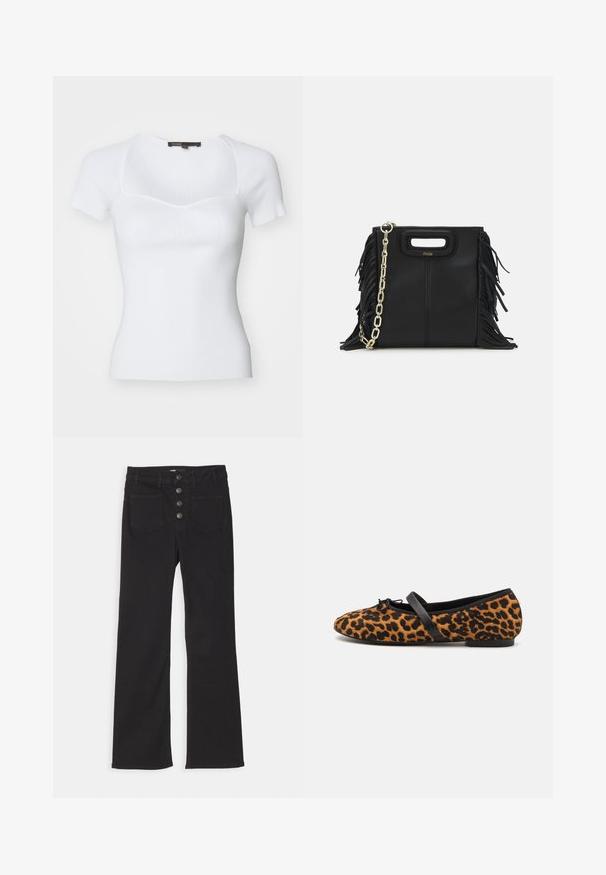 Biały, opleciony krótki top z krótkim rękawem, z dopasowanym korpusem, z kwadratowym dekoltem i subtelną teksturą. Cienkie szwy podkreślają projekt.; Czarne jeansy dżinsowe z szerokimi nogawkami, wysoka talia, pięć kieszeni oraz zapięcie na guziki z przodu z czterema metalowymi guzikami.; Baleriny w leopardzie z czarnymi akcentami, z okrągłym noskiem, płaską podeszwą i ozdobną kokardką z przodu. Miękka tekstura.; Czarna skórzana torebka na ramię z frędzlami, złotym łańcuszkiem oraz wyciętym uchwytem. Posiada umieszczone na przodzie logo.