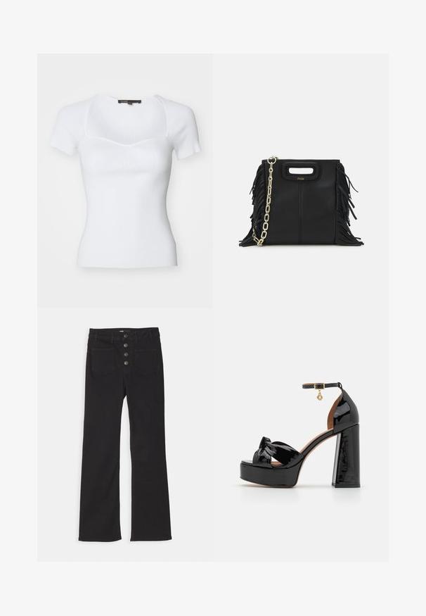 White ribbed short-sleeve top with a fitted bodice, featuring a square neckline and subtle texture. Thin seams accentuate the design.; Black denim flared jeans with a high waist, five-pocket design, and a front button closure featuring four metal buttons.; Maje High heeled sandals - noir; Black leather handbag with fringe details, gold chain shoulder strap, and a cut-out handle. Features logo placement on the front.