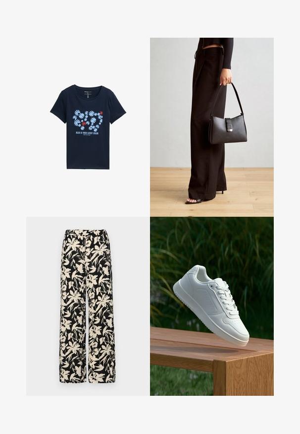 TOM TAILOR DENIM PRINTED - Trükipildiga T-särk - sky captain blue; Mustad laiad püksid kreemja lillemustriga. Valmistatud kergest kangast, millel on sile tekstuur ja kõrge vöökoht.; Valged sneakerd, millel on sile sünteetiline ülemine osa, väikeste aukudega varvaskast, lamedad paelad ja tekstuuriga tald, eksponeeritud puidust pinnal.; Must musta kott, millel on struktureeritud kuju, sile tekstuur ja metallist klamber. Kombineeritud laiate mustade pükstega ja avatud varvaste sandaalidega puidust põrandal.