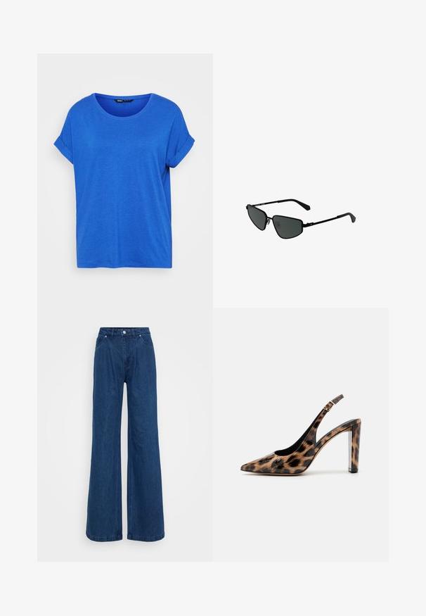 Sininen puuvillainen t-paita, jossa on pyöreä pääntie, käännetyt lyhyet hihat ja rento istuvuus. Suora textuuri, ei kuvioita ja suora helma.; Laivansiniset leveälahkeiset farkut korkealla vyötäröllä, edessä napit ja vetoketju, sekä etu- ja takataskut tasaisella taustalla.; Sandaali leopard-kuvioisella varrella, jossa on terävä nenä ja läpinäkyvä lohko korko. Valmistettu kiiltävästä materiaalista, jolla on sileä pinta.; Mustat metalliset aurinkolasit, joissa on kulmikkaat kehykset ja tummat linssit. Sisältää ohuet, suorat varret ja nenätyynyt varman istuvuuden takaamiseksi.