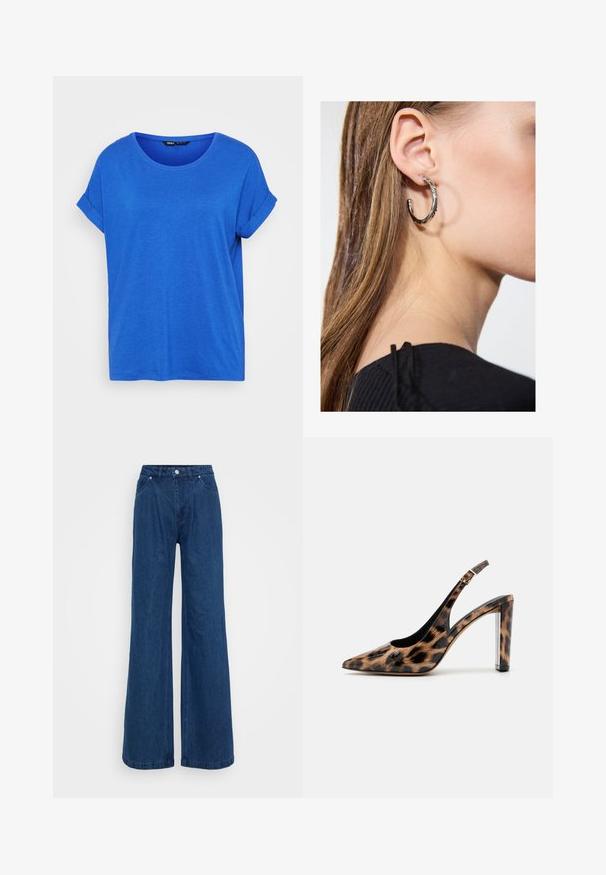 Blaues Baumwoll-T-Shirt mit Rundhalsausschnitt, hochgekrempelten kurzen Ärmeln und einem lockeren Sitz. Glatte Textur, keine Muster und ein gerader Saum.; Weite blaue Jeans mit hoher Taille, vorderem Knopf- und Reißverschlussverschluss sowie Vorder- und Hintertaschen vor einem schlichten Hintergrund.; Pumps mit Leopardenmuster im Slingback-Stil, spitz zulaufend und mit transparentem Blockabsatz. Hergestellt aus glänzendem Material mit glatter Oberfläche.; Silberne Creolen mit polierter Oberfläche, die kleine goldene Akzentdetails und eine runde Form aufweisen, am Ohrläppchen getragen.