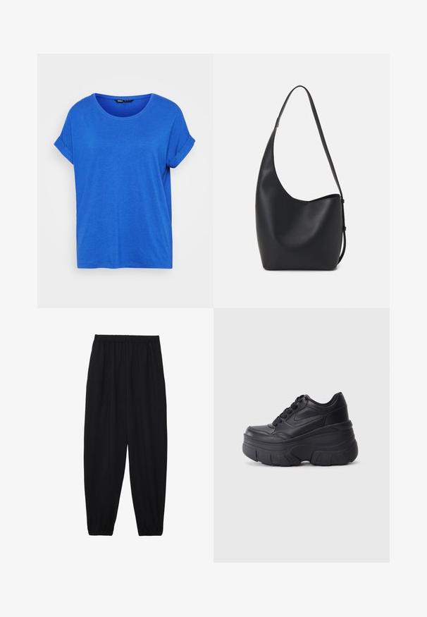 Sinine puuvillane t-särk ümmarguse kaelusega, rullitud lühikeste varrukatega ja lõdva istuvusega. Sile tekstuur, mustreid pole ja sirge serv.; Mustad, kerge kangas püksid elastse vöökoha ja kokku volditud pahkluudega. Kanga pind on sile ja disain on lõdvestunud, kitsenev.; Mustad mustaga värvi kingad, millel on paks tald, sile nahk peals, ümar nina ja eristuva kihilise platvormi disain.; Mustast nahast hobo kott, millel on sile tekstuur, kumer kuju ja üks reguleeritav rihm; peal on lai avaus.