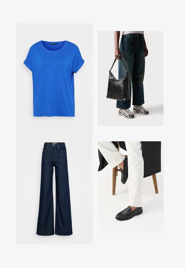 Blaues Baumwoll-T-Shirt mit Rundhalsausschnitt, hochgekrempelten kurzen Ärmeln und einem lockeren Sitz. Glatte Textur, keine Muster und ein gerader Saum.; Dunkelblaue High-Waist-Weitbein-Jeans mit vorderen Taschen, Gürtelschlaufen, Knopfverschluss und sichtbaren Nähten auf weißem Hintergrund.; Schwarze Lederloafers mit glatter Textur und breitem Riemen, kombiniert mit weißen, maßgeschneiderten Hosen. Die Sohle hat ein flaches Design.; Schwarze Leder-Schultertasche mit glatter Textur und verstellbarem Riemen, kombiniert mit ausgewaschenen weit geschnittenen Jeans und sportlichen Sneakern.