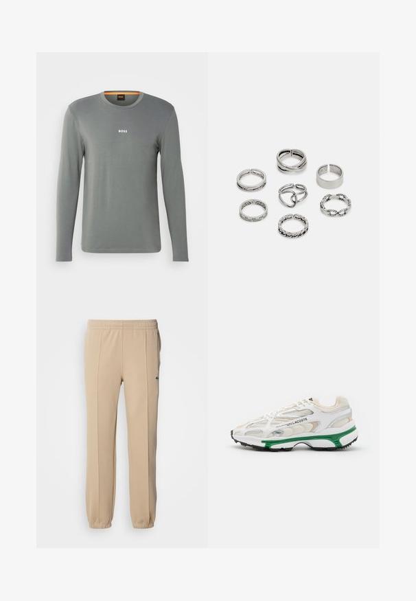 Camisa de manga longa em tecido cinza claro, com decote redondo e pequeno logótipo branco "BOSS" no peito, textura suave e detalhes mínimos.; Lacoste Calças de fato de treino - viennese; Sapatilha branca com detalhes verdes e sola de borracha preta. Apresenta painéis em malha e sintéticos, com um acabamento texturizado e costura visível.; Conjunto de sete anéis de prata com vários designs, incluindo padrões torcidos, entrelaçados e gravados. Diferentes formas e larguras.
