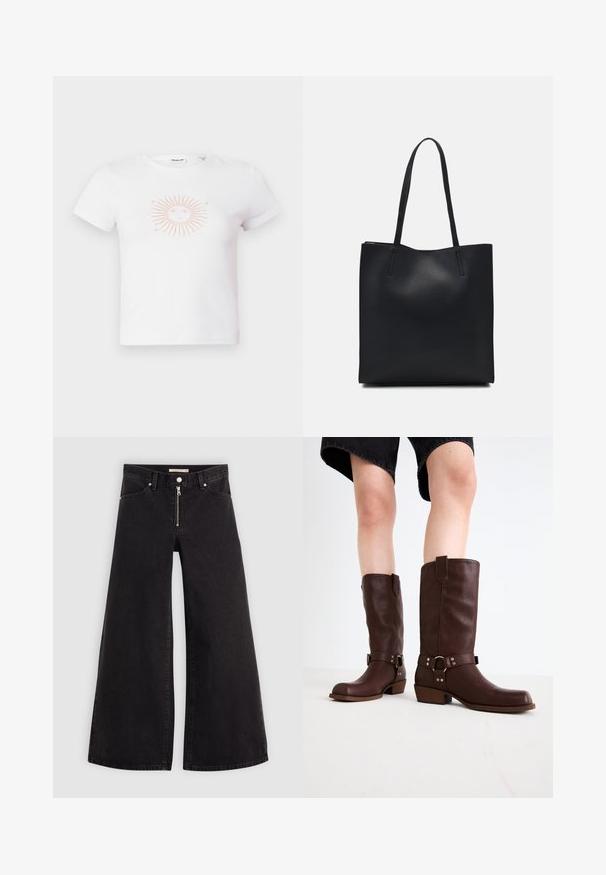 Hvit bomull t-skjorte med kort erm, med et rosa solgrafikk med stråler og ansiktsdesign i sentrum. Jevn tekstur, avslappet passform.; Vide benbukser i sort denim med glidelås i front, fem-lomme design og subtile sømdetaljer. Glatt tekstur og avslappet stil.; Brune lærknesko med rund tå, teksturert overflate, ankelrem og detaljer i sølv; stablet hæl.; Svart lær tote bag med glatt tekstur, rektangulær form og to lange håndtak. Ingen synlige deler eller dekorasjoner.