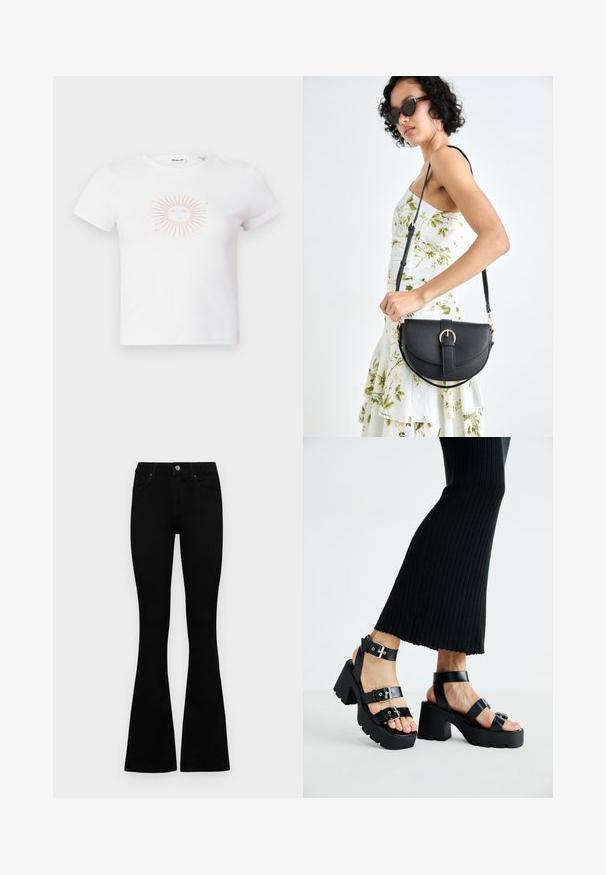 Bílý bavlněný tričko s krátkým rukávem, se středovým designem růžového slunce s paprsky a obličejem. Hladká textura, volný střih.; Černé vysoké džíny s knoflíkem a zipovým zapínáním, předními kapsami a rozšířenými nohavicemi, ležící na bílé podložce.; Černé platformové sandály s robustními podrážkami a několika řemínky, s kovovými sponami a hladkým koženkovým povrchem.; Černá kožená kabelka s křivkovým tvarem, odnímatelným popruhem a zlatými detaily. Kabelka má klopu s přezkou.