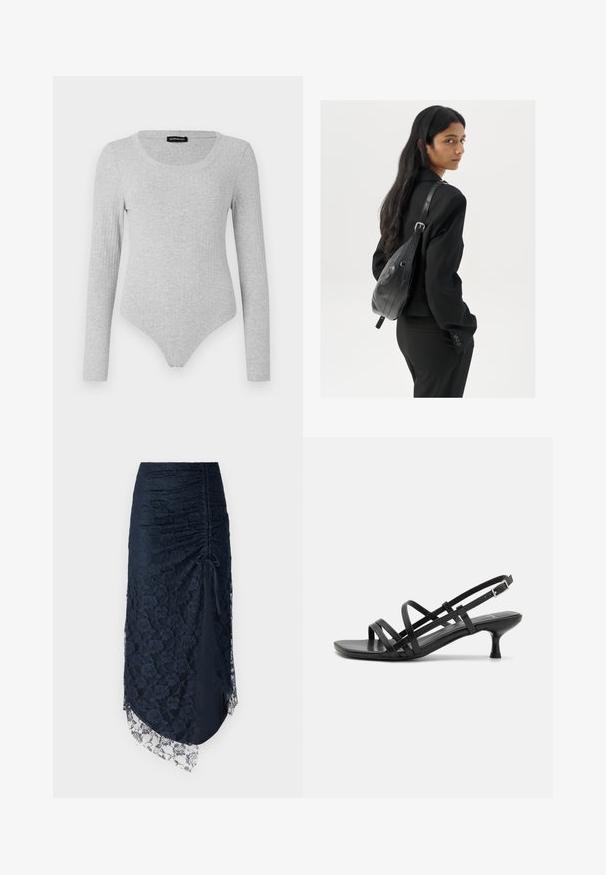 Pikad varrukad bodysuit helesinisest ribatud kangast, millel on ümmargune kaelus ja keha lähedane siluett, mille alumine osa on stringi stiilis.; Tumesinine pitsseelik koos rüssimisega kujundusega, ebaühtlane hem, lillemuster ja läbipaistev pitsäär all. Materjal näib tekstuuriga.; Mustad musta kandaga sandaalid, millel on mitmed risti minevad rihmad. Sile materjal, terav nina ja kitsas konts. Reguleeritav pahkluuri rihm klambriga.; Pikkade tumehaired naine mustas ülikonnas, kandes musta nahast õlakotti, vaatab üle õla valge tausta taustal.