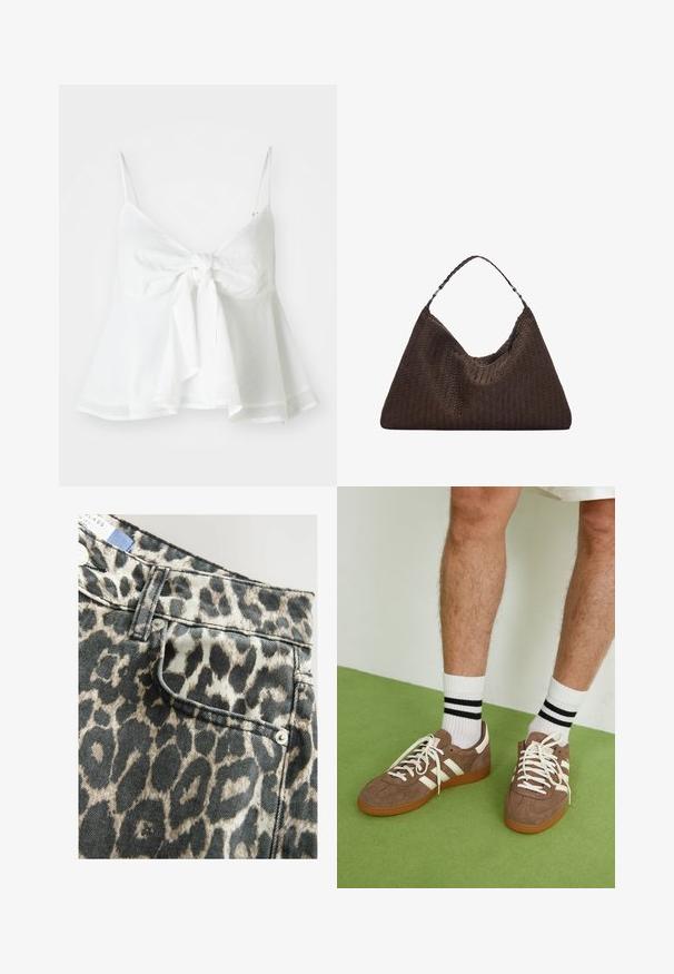 Bela lanena kratka majica z nastavljivimi naramnicami in sprednjim vezanjem. Ima razširjen rob za sproščen kroj.; Krtačaste jeans kratke hlače z estructuriranim pasom, sprednjim žepom, v črni in bež barvni shemi, zaključene s srebrnimi gumbnimi dodatki.; Rjavi semiš športni čevlji z belimi detajli in vezalkami. Gumijast podplat. Nošeni z belimi nogavicami z črnimi črtami. Zelena teksturirana talna obloga.; Rjava tkana usnjena torbica s sproščenim, trikotnim oblikovanjem. Ima pleten ročaj in zadrgo na vrhu.