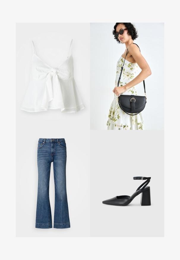 Witte linnen crop top met verstelbare spaghettibandjes en een sluiting met een strik aan de voorkant. Heeft een uitlopende zoom voor een relaxte pasvorm.; Uitlopende denim jeans in donkerblauw. Beschikt over vijf zakken, riemlussen en oranje stiksels. Een gladde textuur met een klassiek pasvormontwerp.; Zwarte leren puntige pump met een enkelbandje en een chunky hak. Vlakke textuur, strakke vormgeving en minimalistische esthetiek.; Zwarte leren handtas met een gebogen vorm, afneembare schouderband en gouden hardware. De tas heeft een klep met een gespsluiting.