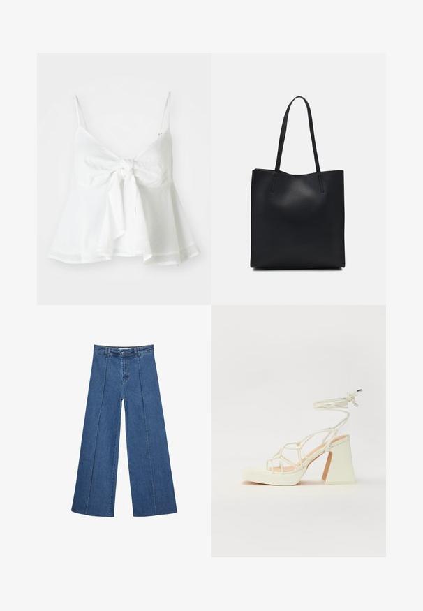 Bijela lanena kratka majica s podesivim tankim trakama i prednjim vezanjem. Ima rašireni rub za opušteni fit.; Široke traperice u srednje plavoj boji, s visokim strukom, zatvaranjem na dugme i kontrastnim vertikalnim šavovima duž prednje strane.; Bijela sandala na visokoj potpetici s debelim petom, s remenom i vezanjem oko gležnja. Glatka tekstura s platformom sprijeda za dodatnu visinu.; Crna kožna torba za nošenje s glatkom teksturom, pravokutnim oblikom i dvije duge ručke. Nema vidljivih metalnih dijelova ili ukrasa.