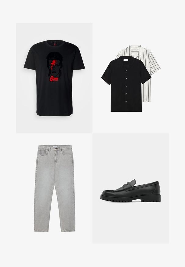 Antony Morato REGULAR FIT AND FLOCK - Camiseta estampada - black; Dos camisetas de manga corta: una de color negro sólido y otra blanca con rayas verticales negras. Ambas tienen cierre de botones y un cuello clásico.; Pantalones de mezclilla gris claro con un diseño de pierna recta, estilo de cinco bolsillos y cierre de botón. Costuras visibles a lo largo de las costuras.; Mocasines de cuero negro con punta redonda, que cuentan con un diseño cosido, suela de plataforma baja y una suela de goma texturada y con tacos.