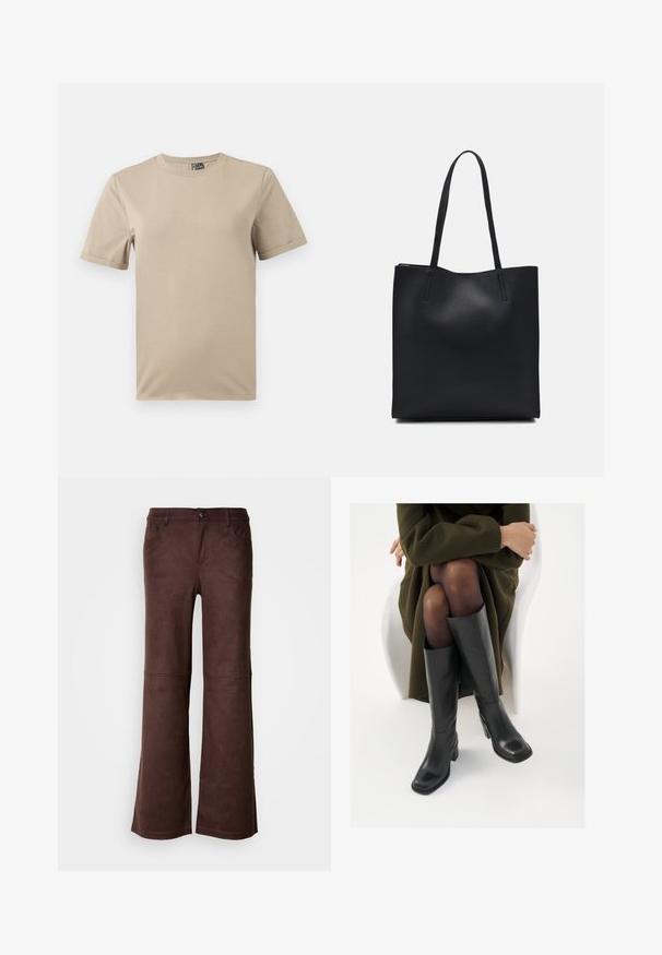 Beige rövid ujjú póló puha anyagból. Kerek nyakkivágással és egyszerű, mintázat nélküli dizájnnal rendelkezik.; Barna, trapéz szabású nadrág puha, Suede-szerű anyagból. Négy zseb, gombos záródás és sima, texturált felület jellemzi.; Térdfelett érő fekete bőr csizmák négyzet alakú orral és tömbtalppal, olajzöld kabátban ülő modellel bemutatva. Simaság, minimalista részletezés.; Fekete bőrtáska sima felszínnel, téglalap alakú, két hosszú füllel. Nincs látható fémkiegészítő vagy díszítés.