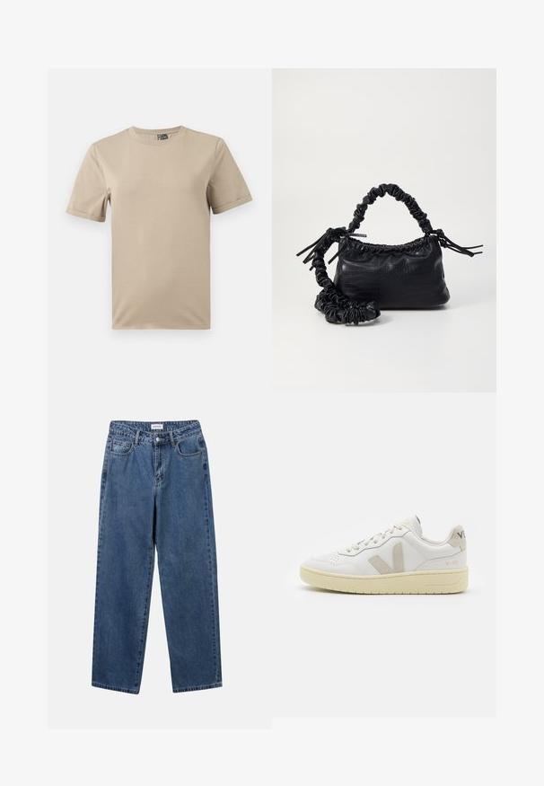 T-shirt beige a maniche corte realizzato in tessuto morbido. Presenta un colletto rotondo e un design semplice senza motivi o accenti.; Jeans in denim blu classico con design a gamba dritta, cinque tasche e chiusura con bottone. Presentano un lavaggio medio e una trama robusta.; Sneaker in pelle bianca con dettagli in suede beige, punta perforata, lacci piatti e suola testurizzata color crema. Presenta un logo discreto sul tallone.; Borsa a tracolla in ecopelle nera con texture a coccodrillo, apertura cinchata e tracolla arricciata. Si presenta con un design morbido e compatto.