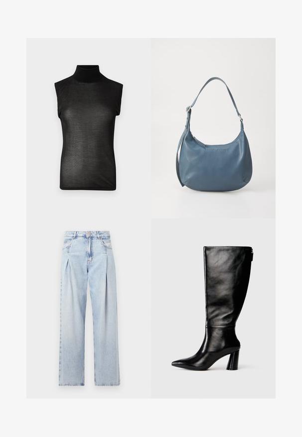 Melnas bezpiedurkņu turtleneck blūze, izgatavota no caurspīdīga materiāla, ar augstu apkakli un pieguļošu siluetu, ar gludu tekstūru.; Gaiši zilas džinsu bikses ar augstu jostasvietu, plats kāju griezumu, divām sānu kabatām un krokotā dizaina akcentiem. Mīksta tekstūra ar izdilušu apdari.; Ceļgala augstumā melnas ādas zābaki ar saplacinātu purngalu, gludu tekstūru un masīlu papēdi. Aizmugurē ir rāvējslēdzēja detalizācija.; Zila ādas rokassoma ar noapaļotu formu, vienu plecu siksnu, ar rāvējslēdzēju aizdari un iegravētu zīmola nosaukumu priekšpusē. Gluda tekstūra.