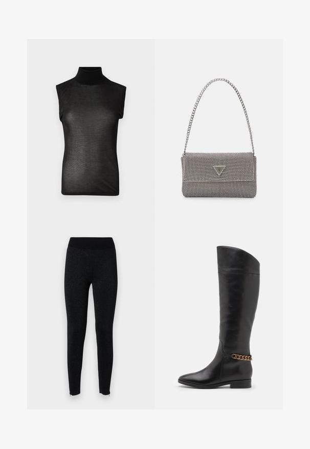 Čierny bezrukávový rolák vyrobený z priesvitnej látky, so zvyšeným golierom a priliehajúcou siluetou, s hladkou textúrou.; Čierne legíny s rebrovaným pásom, vyrobené z textúrovanej tkaniny s jemným kovovým leskom, s zipsami na členkových lemách.; Vysoké čierne kožené čižmy so štíhlym dizajnom, špicatou špičkou a zlatým reťazovým akcentom na členku. Nízky blokový podpätok. Hladká textúra.; Svetlošedá metalická kabelka s reťazovým popruhom, ozdobená malými kruhovými kovovými štítkami a trojuholníkovým logom značky.; Strieborné kruhové náušnice s hladkým a lesklým povrchom. Okrúhly tvar, ľahký dizajn, s uzáverom na kolík.