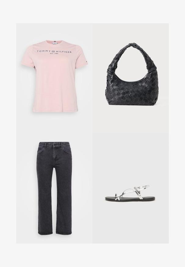 Lys rosa bomulls t-skjorte med korte ermer, rund hals og mørkeblå "TOMMY HILFIGER EST. 1985" tekst over brystet.; Sorte denim jeans med rett ben-design, fem lommer og knappelukking. Tøyet har en lett falmet tekstur og solid søm.; Sølvfargede metall sandaler med et minimalistisk design, som har tynne stropper og en sort flat såle. Fremhevingene inkluderer kryssremmer.; Svart lærvevd skulderveske med rund håndtak og halvmåneformet kropp på en enkel bakgrunn.