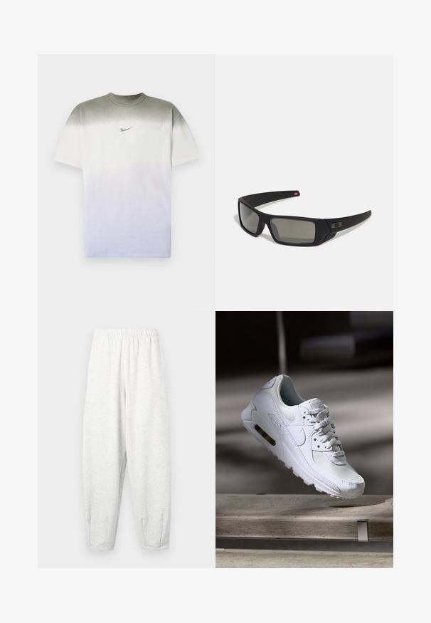 Koszulka z krótkim rękawem w gradiencie oliwkowej zieleni do bieli, ozdobiona małym srebrnym logo Nike na klatce piersiowej, wykonana z miękkiego materiału bawełnianego.; Jasnoszare dresy z miękkiego materiału, z elastycznym pasem, zwężającymi się nogawkami i ściągaczami przy kostkach. Prosty design bez wzorów.; Białe sneakersy Nike Air Max 90 z siateczkowym i skórzanym wierzchem, perforowanym czubkiem oraz widoczną jednostką Air w pięcie.; Czarne okulary przeciwsłoneczne z matowym wykończeniem, prostokątne soczewki, lekko wygięte zauszniki, subtelny detal z logo oraz szkła w odcieniu dymnym.