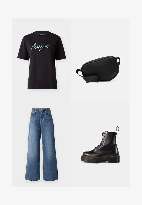 Black cotton t-shirt with short sleeves, featuring a glossy green text print of "Carhartt" across the chest. Classic crew neckline.; High-waisted wide-leg jeans made of light blue denim, featuring a classic five-pocket design and subtle fading along the legs.; Black leather lace-up ankle boots with a chunky black sole and yellow stitching. Features a pull tab at the back and circular metal eyelets.; Black, zippered crossbody bag made of smooth material, featuring a flat shape, a single strap, and a small logo accent. Minimalist design.