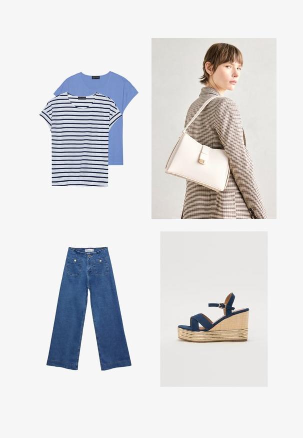Dve majice: ena svetlo modra enobarvna in ena bela z mornarskimi horizontalnimi črtami. Obe imata kratke rokave in okroglo ovratnico.; Jeans širokih nogavic iz denima z medenim modrim pranjem, dvema sprednjima žepoma z gumbnimi zaprtji in šivanjem ob robovih.; Navy modri klinasti sandala s prečnimi trakovi, teksturirano naravno vlaknasto platformo in zlatim metalnim dekorativnim delom na dnu.; Bela usnjena torba s strukturirano zasnovo, opremljena z magnetnim zapiranjem in naramnico, prikazana na nevtralni ozadju.