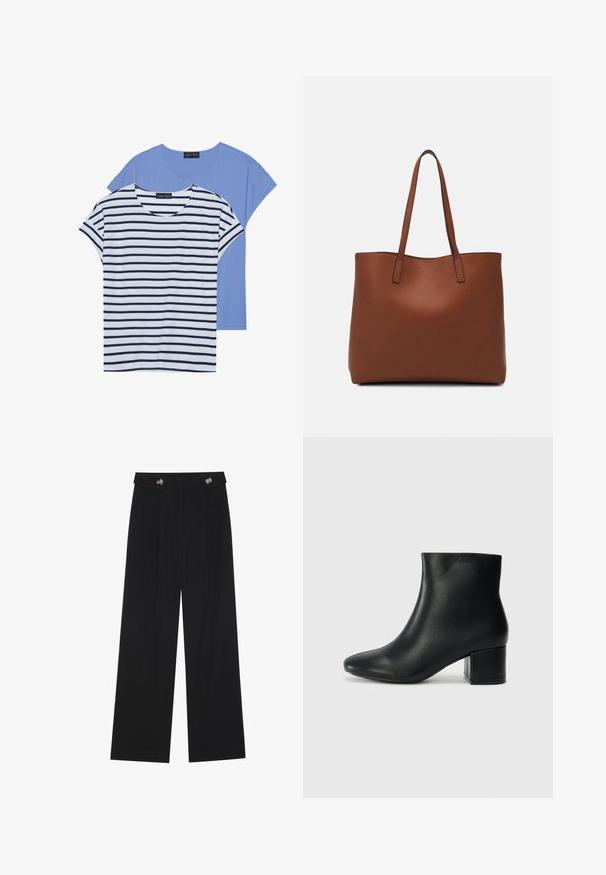 Două tricouri: unul albastru deschis uni și unul alb cu dungi orizontale bleumarin. Ambele au mâneci scurte și decolteu rotund.; Pantaloni negri cu picioare largi, talie înaltă, detalii cu butoane pe talie și pliseuri în față.; Cizme negre din piele până la gleznă, cu vârf ascuțit și toc robust. Textură netedă, cu accente minime și un design elegant, ajustat.; Geantă de umăr din piele maro cu o textură netedă, design cu vârf deschis și două curele pentru umăr. Prezintă cusături minime și fără componente metalice vizibile.