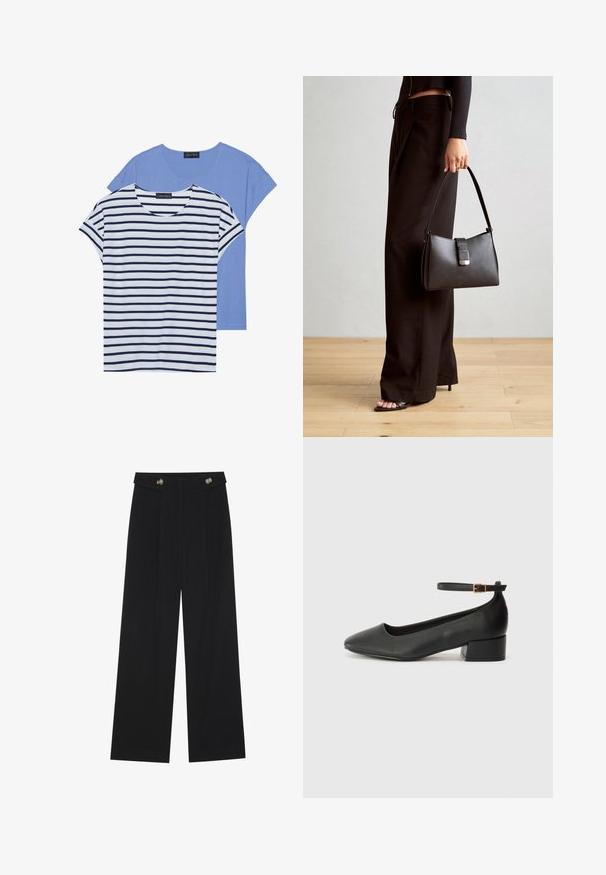 Dvé trička: jedno v jednolité světle modré barvě a druhé bílé s námořnickými horizontálními pruhy. Obě mají krátké rukávy a kulatý výstřih.; Černé široké kalhoty s vysokým pasem, detailní knoflíky na pase a přední záhyby.; Černé kožené lodičky s špičatou špičkou a nízkým blokovým podpatkem. Obsahují pásek kolem kotníku se zlatou sponou. Hladký povrch.; Černá kabelka se strukturovaným tvarem, hladkým povrchem a kovovým uzávěrem. Kombinována s širokými černými kalhotami a sandály s otevřenou špičkou na dřevěné podlaze.