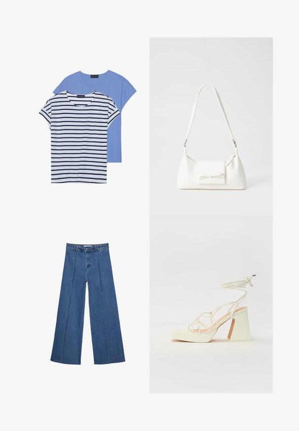 Dva majice: jedna svijetloplava jednobojna i jedna bijela s tamnoplavim horizontalnim prugama. Obje imaju kratke rukave i okrugli izrez.; Široke traperice u srednje plavoj boji, s visokim strukom, zatvaranjem na dugme i kontrastnim vertikalnim šavovima duž prednje strane.; Bijela sandala na visokoj potpetici s debelim petom, s remenom i vezanjem oko gležnja. Glatka tekstura s platformom sprijeda za dodatnu visinu.; Bijela sintetička torbica s trokutastim oblikom, ravnim prednjim poklopcem i detaljem u obliku mašne, podesivom remenom, glatkom teksturom i minimalističkim dizajnom.