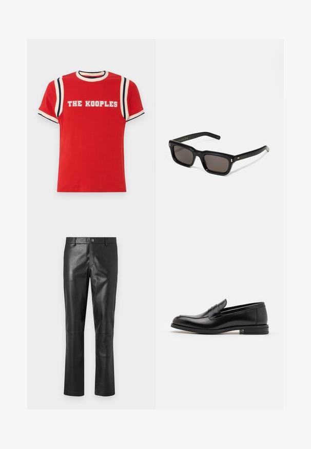 Red cotton t-shirt with ribbed round neckline, white and navy striped accents on shoulders, and “THE KOOPLES” printed in bold white letters.; Black leather pants with a smooth texture, straight-leg design, and subtle stitching along the seams. Features a button closure at the waist.; Black leather loafers with a smooth texture, rounded toe, and a decorative strap across the vamp. Low stacked heel, minimalist design.; Black rectangular sunglasses with dark lenses, thick plastic frame, gold accents on temples, and brand logo engraved on the arm.