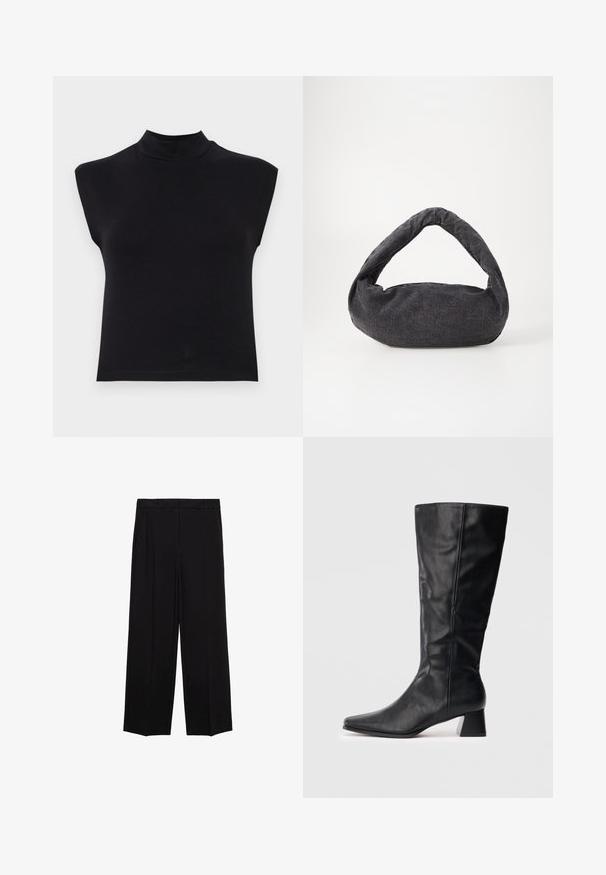 Top negru fără mâneci, cu un guler înalt. Fabricat dintr-un material moale, având un design ajustat și o textură netedă, fără modele sau accente vizibile.; Pantaloni negri cu croială largă dintr-un material neted, cu pliseuri în față și buzunare laterale, concepuți cu o croială dreaptă și relaxată.; Boot din piele neagră, până la jumătatea gambei, cu vârf ascuțit și toc pătrat, pe un fundal luminos simplu.; Geantă din țesătură gri închis, cu un mâner curbat, cu o textură moale și o formă rotunjită. Fără hardware sau embellishments vizibile.