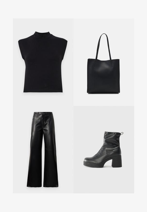 Svart ermeløs topp med høy hals. Laget av mykt stoff, med en tettsittende design og glatt tekstur uten synlige mønstre eller detaljer.; Sorte høy midje vide ben bukser i imitert skinn med knapp foran, glidelås, beltehemper og sidelommer på hvit bakgrunn.; Svarte ankelstøvler laget av glatt lær, med glidelås på siden, chunky strukturert hæl, og rund tå-design.; Svart lær tote bag med glatt tekstur, rektangulær form og to lange håndtak. Ingen synlige deler eller dekorasjoner.