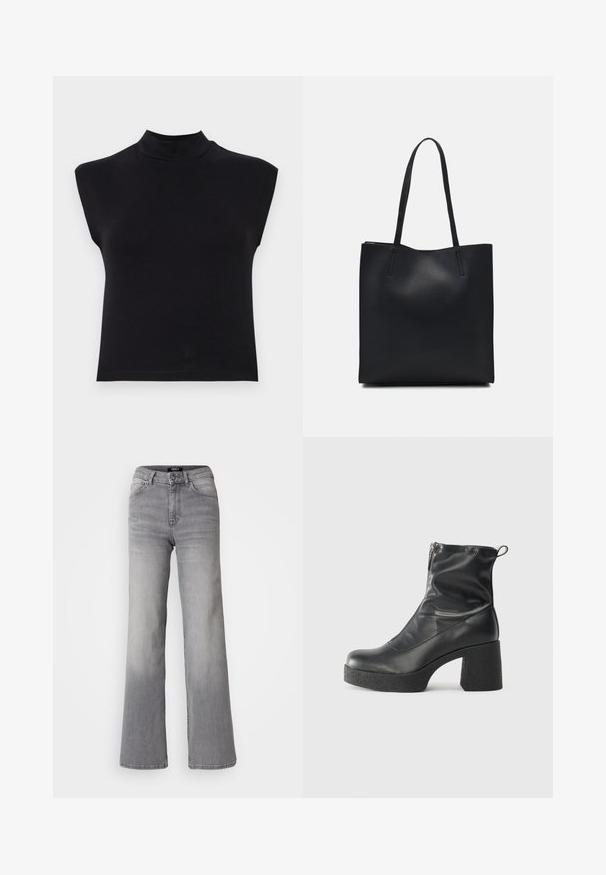Černý bezrukávový top s vysokým výstřihem. Vyrobený z měkké tkaniny, s přiléhavým střihem a hladkou texturou bez viditelných vzorů či akcentů.; Džíny z šedého denimu s vysokým pasem a rovnými nohavicemi, předním zapínáním na knoflík a zip, předními a zadními kapsami, a vybledlým stínováním na stehnech a lýtkách.; Černé kotníkové boty vyrobené z hladké kůže, s bočním zipem, robustním strukturovaným podpatkem a kulatou špičkou.; Černá kožená taška přes rameno s hladkým povrchem, obdélníkovým tvarem a dvěma dlouhými uchy. Žádné viditelné kování ani ozdoby.