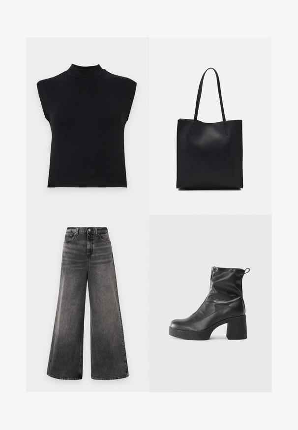 Črna brezrokavnica z visokim ovratnikom. Narejena iz mehkega materiala, ima prilegajoč dizajn in gladko teksturo brez vidnih vzorcev ali dodatkov.; Široke črne jeans hlače z izbrisanimi detajli, petimi žepi in gumbom na pasu, z zaključenimi šivi.; Črne gležnjarje iz gladke kože z božnim zadrgo, masivnim teksturiranim peto in zaobljeno obliko prstov.; Črna usnjena torba s svilnato teksturo, pravokotne oblike in dvema dolgima ročajema. Brez vidnih metalnih delov ali okrasnih elementov.