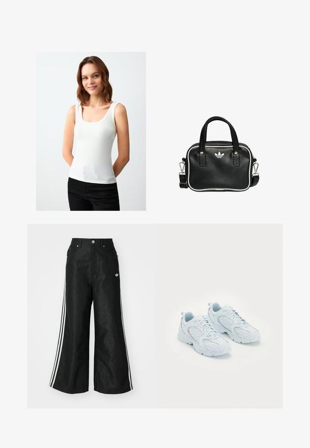 Witte geribde tanktop met een ronde hals, brede schouderbanden en een getailleerd silhouet. Gemaakt van een zachte stof met een subtiele textuur.; Zwarte denim broek met wijde pijpen, voorzien van drie witte strepen aan elke zijkant en een klein wit logo. Heeft voorzakken en een knoopsluiting.; Lichtblauwe sportschoenen met een bovenwerk van mesh en synthetisch materiaal, voorzien van witte stippen en reflecterende accenten, vetersluiting en gevoerde zolen.; Zwarte leren handtas met twee korte handvatten, zilverkleurige hardware, witte accenten en een wit logo. Heeft een gestructureerd oppervlak en een compact ontwerp.
