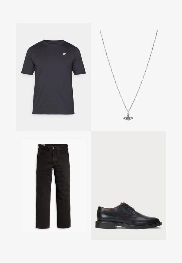 Rövid ujjú, kerek nyakú póló sötétszürke színben, puha pamutból készült, bal mellrészen egy kis fehér logóval. Egyszerű design, minták nélkül.; Fekete egyenes szárú farmernadrág öt zsebbel, gombos záródással és övhurkokkal, fehér háttéren elhelyezve.; Fekete bőrből készült dresszcipő kerek orral, fűzős kialakítással és alacsony, rétegelt sarkával. Simás felület minimális varrási részletekkel.; Ezüst lánc nyaklánc, részletes, bolygó formájú medállal, kicsi díszítőelemekkel és összetett mintákkal díszítve.