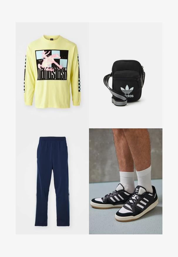 Langdurige, felgele katoen t-shirt met lange mouwen heeft een grote zwarte afbeelding van een roze cowboy op een paard en een dambordpatroon op de mouwen.; Marineblauwe sportbroek gemaakt van rekbare stof, met een brede elastische tailleband, rechte snit en lichte zijpaneelaccenten met logo's.; Zwart-witte sneakers met een bovenwerk van suede en leer, voorzien van drie witte strepen, een geperforeerde neus en een rubberen gumzool.; Zwarte stoffen schoudertas met een ritssluiting, voorzien van een wit Adidas-logo en een gestreepte, verstelbare schouderband voor gemakkelijk dragen.