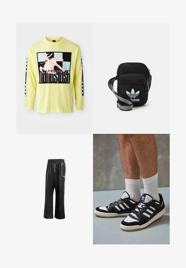 Dlouhý rukáv, jasně žluté bavlněné tričko s velkým černým grafickým motivem, na kterém je růžový kovboj na koni a kostkované vzory na rukávech.; Černé syntetické sportovní kalhoty s elastickým pasem, se bílými postranními pruhy a malým bílým logem na levém boku.; Černobílé tenisky s vrchní částí z semišové a kožené kůže, včetně tří bílých pruhů, perforovaného špičky a podrážky z gumy.; Černá crossbody taška z látky se zipovým uzávěrem, obsahující bílé logo Adidas a pruhovaný nastavitelný popruh pro snadné nošení.