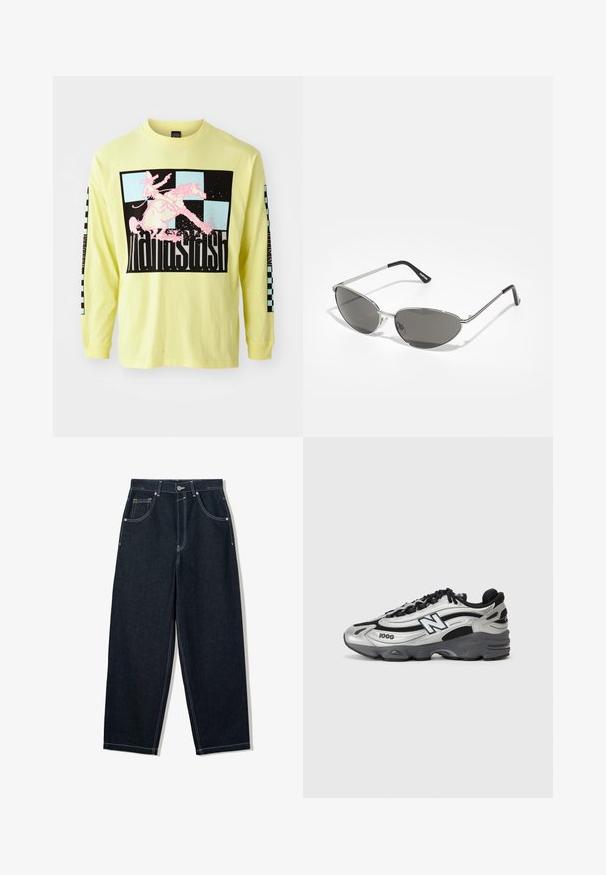 Langärmliges, leuchtend gelbes Baumwoll-T-Shirt mit einem großen schwarzen Grafikdesign, das einen rosa Cowboy auf einem Pferd zeigt, und Schachbrettmustern an den Ärmeln.; Weit geschnittene, dunkle Denim-Jeans mit kontrastierendem weißen Nähten, fünf Taschen und einem Knopfverschluss. Mit einem hochgeschnittenen Design.; Silberne und schwarze Sportschuhe mit einem Obermaterial aus Netzgewebe, gepolstertem Sohlendesign, Schnürverschluss und seitlichem Branding-Detail.; Sonnenbrille mit einem schlanken, silbernen Metallrahmen, grauen getönten Gläsern und einem aerodynamischen Design mit spitzen Kanten und dünnen Bügeln.