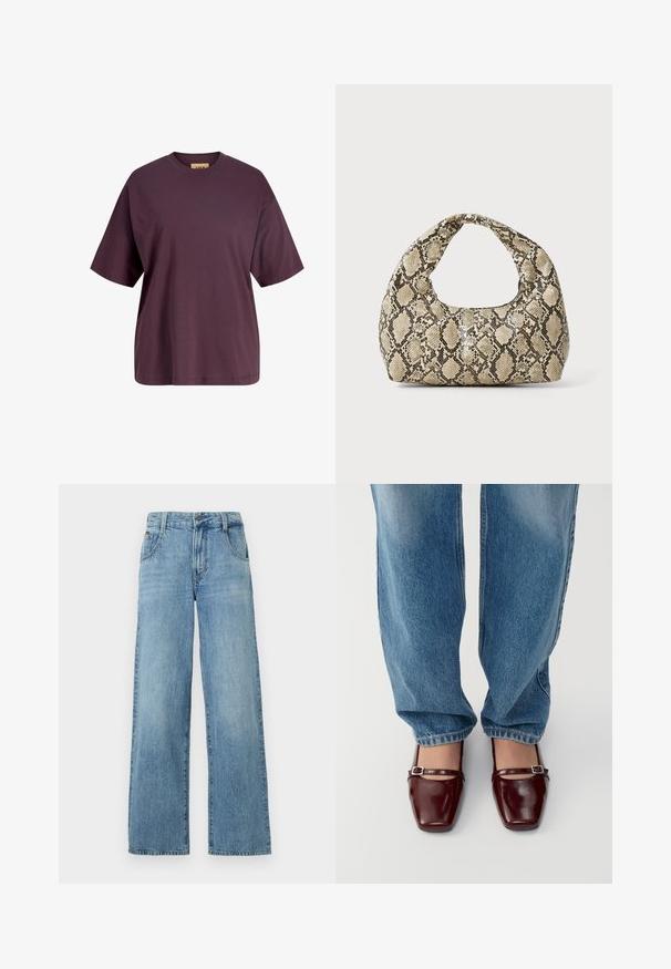 Túlméretezett, rövid ujjú póló sötétlila pamutból. Klasszikus kerek nyakú design sima textúrával és diszkrét logóval.; Világoskék, trapéz szabású farmernadrág, egyenes vonallal, standard derékkal és enyhe kopással a textúráért.; Burgundi színű lakkbőr cipők, négyzetes orral és bokapánttal, világoskék, laza szabású farmernadrággal párosítva. A cipők fényes bevonattal rendelkeznek.; Kígyómintás kézitáska ívelt fogantyúval. Texturált, bézs és barna anyagból készült, jellegzetes gyémántmintával.