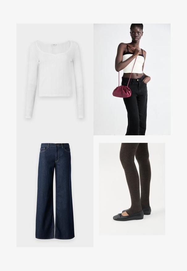 White long-sleeve top with a fitted design, textured stripe pattern, scoop neckline, and three button details at the center.; Wide-leg jeans in dark blue denim. Features contrast stitching, five pockets, and a button closure at the waist. Smooth texture.; Black flat shoes with a small bow detail at the toe, paired with dark brown ribbed tights. Shoes have a smooth texture and low profile.; Burgundy soft fabric handbag with a gathered design and a long strap, worn crossbody. Model wears a white crop top and black jeans.
