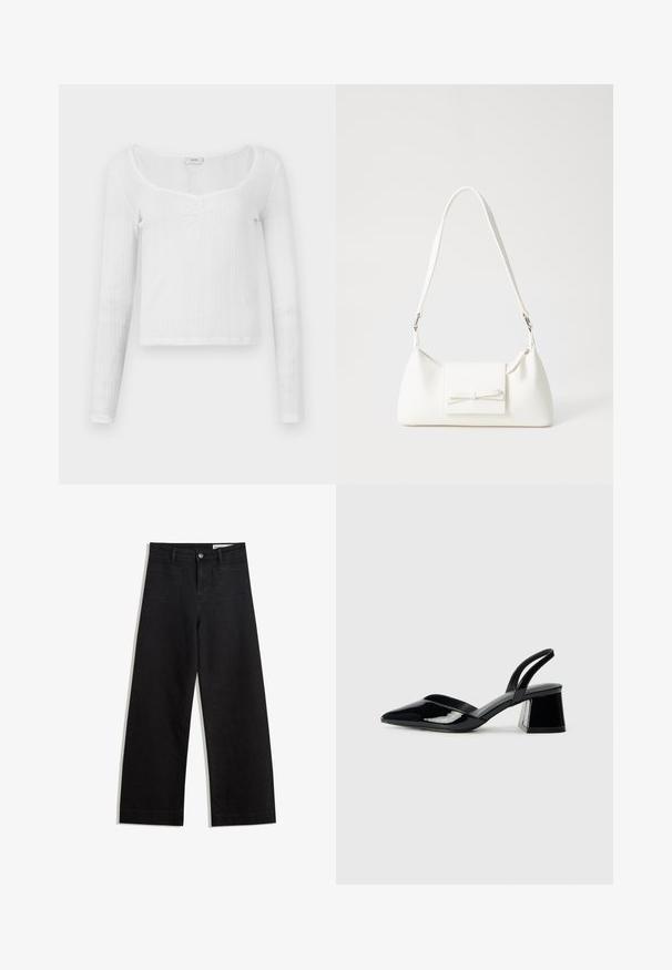 Fehér, hosszú ujjú felső, fitted fazonnal, texturált csíkos mintával, kerek nyakkivágással és három gombbal a középen.; Fekete, bő szabású farmernadrág magas derékkal, elülső és hátsó zsebekkel, varrott felületekkel és gombos záródással. Sima textúra.; Fekete lakk bőr szandálkés magas sarkú cipő, hegyes orral és geometrikus tömbsarkakkal. Karcsú, minimalista dizájn és sima textúra jellemzi.; Fehér szintetikus kézitáska, háromszög alakú, lapos előlap, masni részlettel, állítható pánttal, sima textúrával és minimalista dizájnnal.