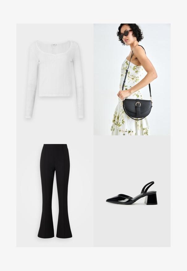 Top branco de mangas longas com um design ajustado, padrão de riscas texturadas, decote em forma de barco e três botões no centro.; Calças largas pretas feitas de um tecido elástico, com uma textura suave, cintura alta e detalhes de costura na frente.; Sandy em verniz preto com salto slingback, ponta afilada e salto geométrico. Apresenta um design elegante e minimalista com textura suave.; Bolsa de couro preta com forma curva, alça destacável e detalhes em dourado. A bolsa possui uma aba com detalhe de fivela.