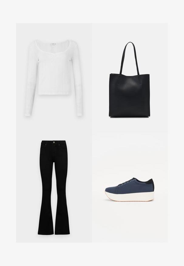 White long-sleeve top with a fitted design, textured stripe pattern, scoop neckline, and three button details at the center.; Black high-waist jeans with a button and zip closure, front pockets, and flared legs laid flat on a white background.; Navy blue sneaker with a textured fabric upper, white platform sole, rounded toe, and black heel accent. Features six eyelets for laces.; Black leather tote bag with smooth texture, rectangular shape, and two long handles. No visible hardware or embellishments.