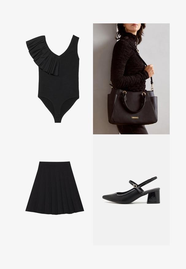 Must must ujumispüksid V-kaelusega, ühe rippuva õlavarrega ja kitse disainiga. Materjal näeb välja sile, minimaalse õmbluse detailidega.; Must mustriga seelik, millel on tekstureeritud kangas ja kitsas vöökoht. Ulatuv põlveni, omadab sujuvat ja lõputut siluetti.; Mustad läikivad nahast slingback-kõrged kontsad, millel on terav nina, ümar lõikekujundus ja blokknina. Omab kuldset nupu aktsenti.; Musthave must kott, millel on tekstuurne pind, kaks ülemist käepidet ja reguleeritav õlarihm. Omab kuldse tooni riistu ja külgtaskuid.