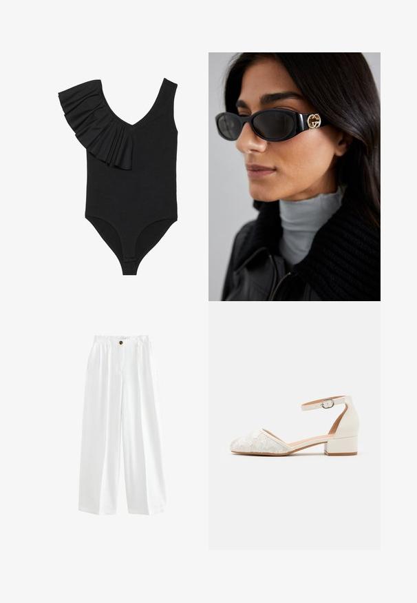 Zwarte badpak met een V-hals, één schouder met ruches en een aansluitend ontwerp. Het materiaal lijkt glad met minimale stikdetails.; Witte wijde broek van lichtgewicht stof. Kenmerkt zich door een knoopsluiting, twee zijzakken en een comfortabele pasvorm.; Witte kanten enkelband schoenen met een lage, chunky hak en een spitse neus. Glad interieur, gestructureerde kanten bovenkant en gespdetail.; Zwarte zonnebril met een stijlvolle rechthoekige montuur en een gouden logo-accent aan de zijkant. Donkere lenzen en een glanzende afwerking zijn opvallend.